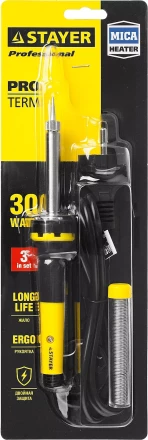 Паяльник с двухкомпонентной рукояткой и долговечным жалом, STAYER "PROFI" PROTerm, 55300-30, в комплекте (припой и подставка), 30 Вт, конус 55300-30 купить в Кургане