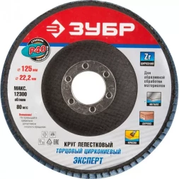Круг шлифовальный ЗУБР "ПРОФИ" лепестковый торцевой, тип КЛТ 1, зерно-электрокорунд циркониевый, P40, 125х22,2мм 36596-125-40