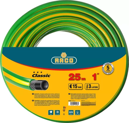 Шланг RACO &quot;CLASSIC&quot; поливочный, 15атм., армированный, 3-х слойный, 1&quot;х25м 40306-1-25 купить в Кургане