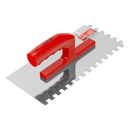 Гладилка из нержавеющей стали, 280 х 130 мм, зеркальная полировка, пластмассовая ручка, зуб 10 х 10 мм Matrix 86783 купить в Кургане