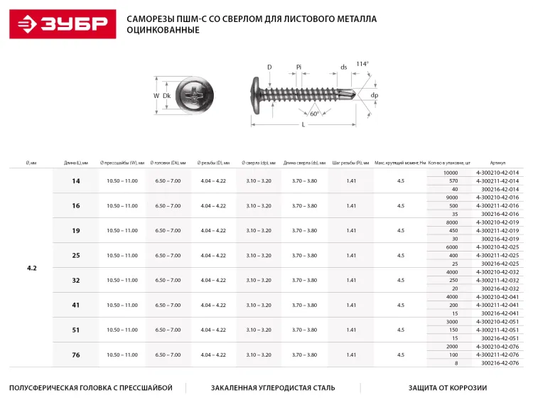 Саморезы ЗУБР с прессшайбой и сверлом по листовому металлу до 2 мм, PH2, 4,2х51 мм, 15шт 300216-42-051 купить в Кургане