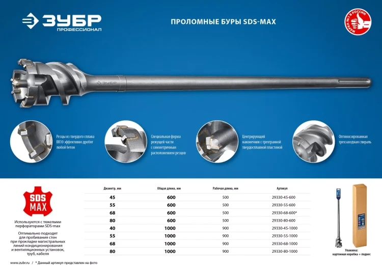 ЗУБР 80 х 500/600 мм, SDS-max проломной бур, Профессионал (29330-80-600) купить в Кургане