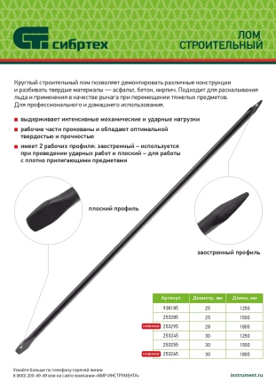 Лом строительный Сибртех 253295, D 28 мм, L 1800 мм, круглый купить в Кургане