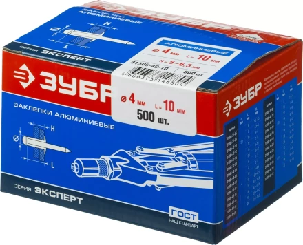 Заклепки ЗУБР алюминиевые, 4,0x10мм, 500шт 31305-40-10 купить в Кургане