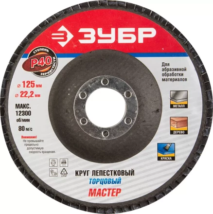 Круг шлифовальный ЗУБР &quot;ЭКСПЕРТ&quot; лепестковый торцевой, тип КЛТ 1, зерно-электрокорунд нормальный, P40, 125х22,2мм 36591-125-40 купить в Кургане