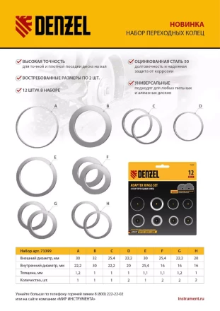 Кольца переходные 32х30, 30х25,4, 25,4х22.2, 22.2х20, 20х16, 30х22.2, 25.4х16, 22.2х16 мм. Denzel 73399 купить в Кургане