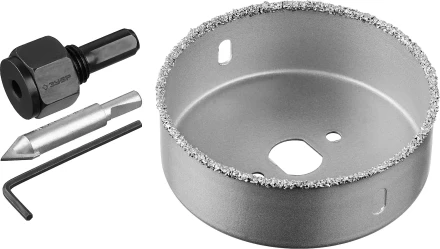 Коронка-чашка ЗУБР &quot;ПРОФЕССИОНАЛ&quot; c карбид-вольфрамовым нанесением, 89 мм, высота 25 мм, в сборе с державкой и сверлом 33360-089_z01 купить в Кургане