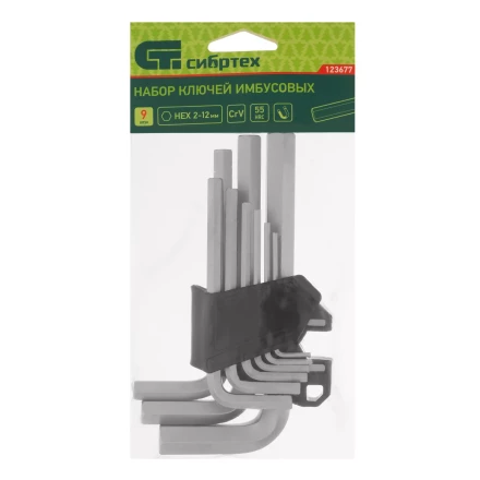 Набор ключей имбусовых, HEX, 2-12 мм, CrV, 9 шт. Сибртех 123677 купить в Кургане