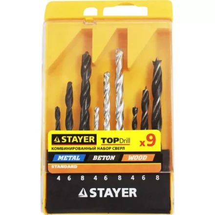 Набор STAYER &quot;STANDARD&quot;: Сверла комбинированные, дерево (4-6-8мм), металл (4-6-8мм), бетон (4-6-8мм), 9 предметов 29720-H9 купить в Кургане
