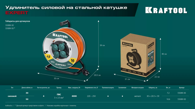 Силовые удлинители на стальной катушке  P-325, провод ПВС 3х2.5 мм2 55089-30 купить в Кургане