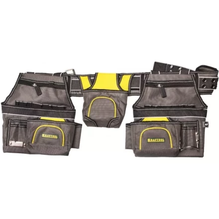 Пояс монтажника KRAFTOOL "INDUSTRIE", 2 подвесных подсумка, 20 карманов, 2 петли для крепления молотка и рулетки 38742 купить в Кургане