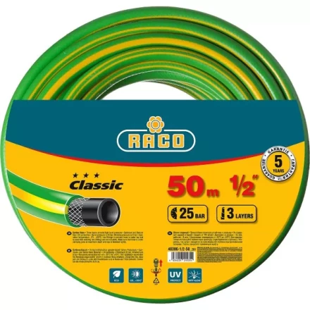 Шланг RACO CLASSIC поливочный, 25атм., армированный, 3-х слойный, 1/2&quot;х50м 40306-1/2-50_z01 купить в Кургане