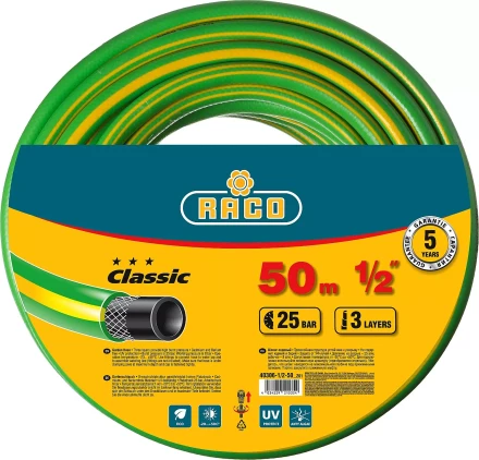 Шланг RACO CLASSIC поливочный, 25атм., армированный, 3-х слойный, 1/2&quot;х50м 40306-1/2-50_z01 купить в Кургане