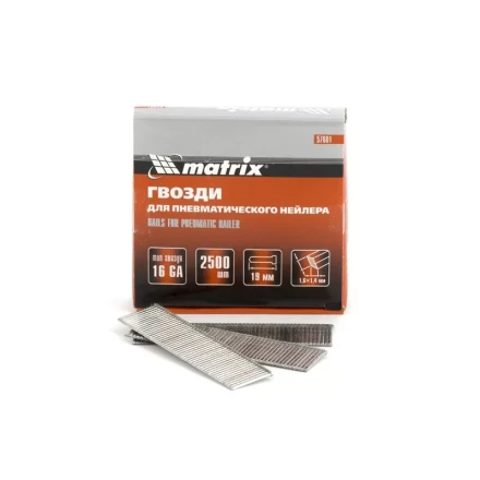 Гвозди 16GA для пневм. нейлера сечение 1,6х1,4 длина 19 мм 2500 шт MATRIX 57601 купить в Кургане