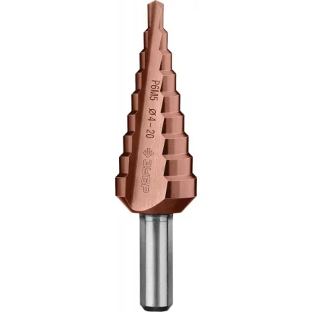 Сверло ЗУБР &quot;КОБАЛЬТ&quot; ступен. по сталям и цвет. мет. ст. Р6М5 с кобальт. покрыт., d=4-20мм, 9ст. d=4-20, L-75мм, 3-хгр.хв.8мм 29672-4-20-9_z01 купить в Кургане