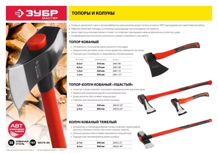 Колун ЗУБР "МАСТЕР" кованый с двухкомпонентной фиберглассовой рукояткой, 2,7кг/900мм 20623-27 купить в Кургане