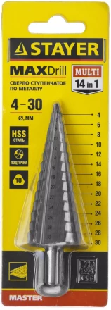 Сверло STAYER &quot;MASTER&quot; ступенчатое по сталям и цвет.мет., сталь HSS, d=4-30мм, 14ступ.d4-30, L-100мм, трехгран. хв.10мм 29660-4-30-14 купить в Кургане