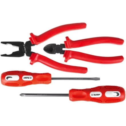 Набор слесарно-монтажного инструмента ЗУБР &quot;МАСТЕР&quot;: 2 отвертки, плоскогубцы и бокорезы, 4 предмета 22015-H4 купить в Кургане