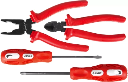 Набор слесарно-монтажного инструмента ЗУБР &quot;МАСТЕР&quot;: 2 отвертки, плоскогубцы и бокорезы, 4 предмета 22015-H4 купить в Кургане
