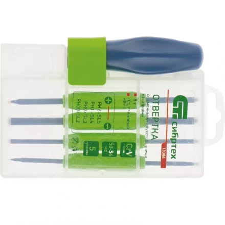 Отвертка со сменными двухсторонними насадками 8 в 1 в пластиковом кейсе CrV Сибртех артикул 13386 купить в Кургане