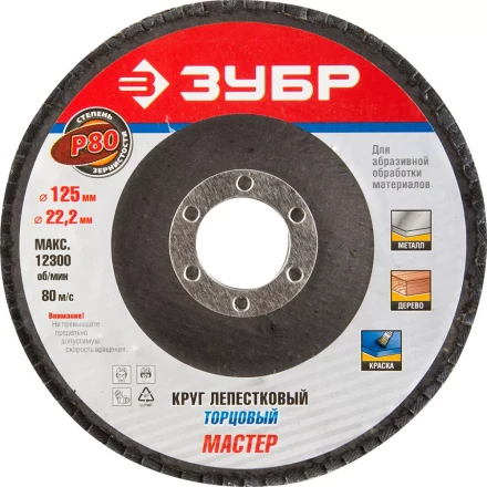 Круг шлифовальный ЗУБР &quot;ЭКСПЕРТ&quot; лепестковый торцевой, тип КЛТ 1, зерно-электрокорунд нормальный, P80, 125х22,2мм 36591-125-80 купить в Кургане