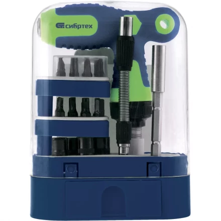 Отвертка Т-образная реверсивная с набором бит торцевых головок 33 предмета CrV Сибртех артикул 13382 купить в Кургане