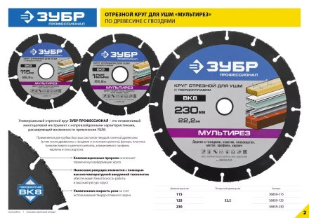 Отрезной круг &quot;МУЛЬТИРЕЗ-ВК8&quot; для УШМ, 230х22,2мм, ЗУБР 36859-230 купить в Кургане
