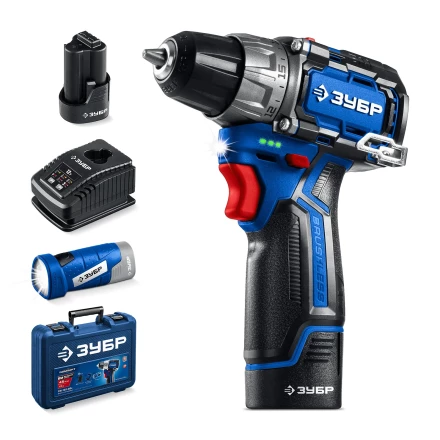 ЗУБР КОМПАКТ #4, набор: дрель-шуруповерт + LED фонарь, BRUSHLESS, 12 В, 45 Н·м, 2 АКБ тип Т7 (2 А·ч), кейс, Профессионал (DB-121-22F) купить в Кургане