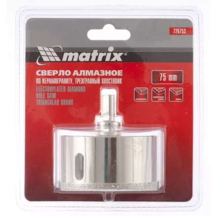 Сверло алмазное по керамограниту 75 х 67 мм 3-гранный хвостовик MATRIX 726753 купить в Кургане