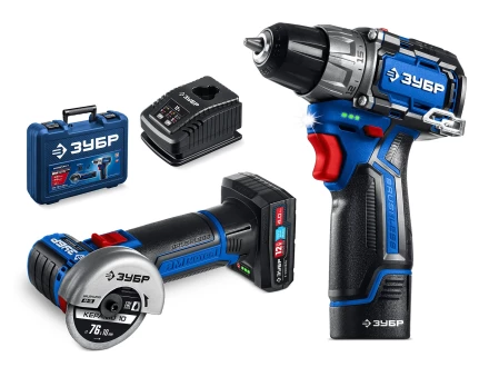 ЗУБР КОМПАКТ #5, набор: дрель-шуруповерт + мини УШМ, BRUSHLESS, 12 В, 45 Н·м, 2 АКБ тип Т7 (4 и 2 А·ч), кейс, Профессионал (DB-121-42AB) купить в Кургане