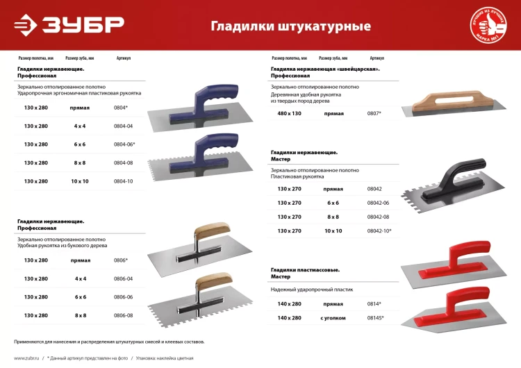 Гладилки пластмассовые с уголком Зубр серия МАСТЕР купить в Кургане