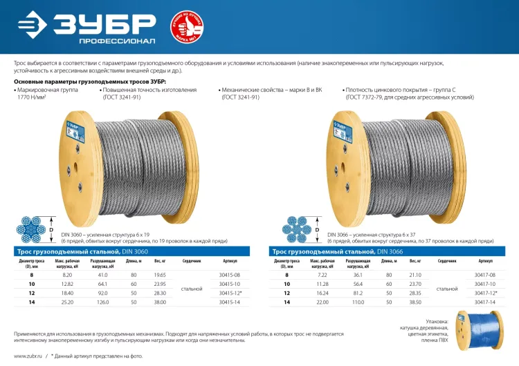 ЗУБР DIN 3060, свивка 6 х 19 + IWR, 8 мм, L 80 м, грузоподъемный стальной трос, Профессионал (30415-08) купить в Кургане