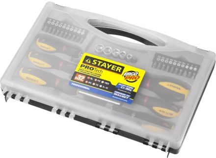 Набор STAYER &quot;PROFESSIONAL&quot; &quot;PROTech&quot;: Отвертки, Cr-Mo, двухкомп рукоятка, намагниченные, 32 предмета, в кейсе 25134-H18_z01 купить в Кургане