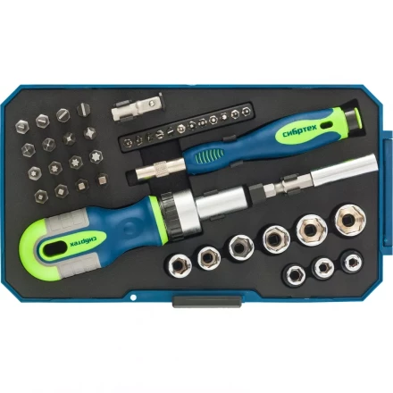 Отвертки реверсивные с набором бит и торцевыми головками 41 штук CrV Сибртех 13338 купить в Кургане