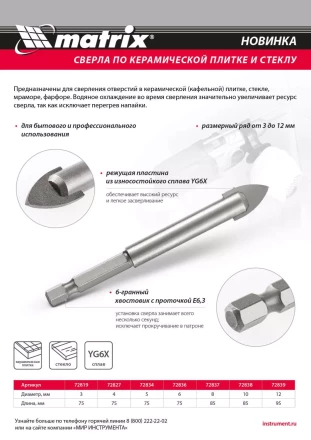 Сверло по керамической плитке и стеклу, 8 мм, шестигранный хвостовик Matrix 72837 купить в Кургане