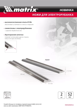 Ножи для эл. рубанка Matrix 782401, 65Mn, 82мм, 2шт купить в Кургане
