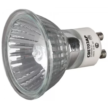 Лампа галогенная СВЕТОЗАР с защитным стеклом, алюм. отражатель, цоколь GU10, диаметр 51мм, 75Вт, 220В SV-44827 купить в Кургане