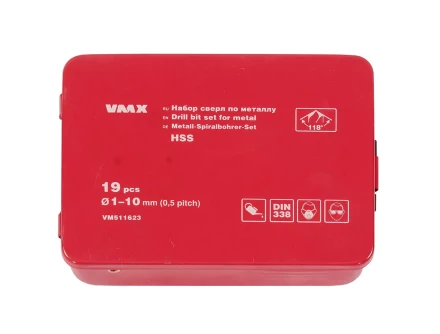 Набор сверл для металла HSS Ф1-10 мм шаг 0,5 мм 19 штук металлический футляр VMX 511623 купить в Кургане