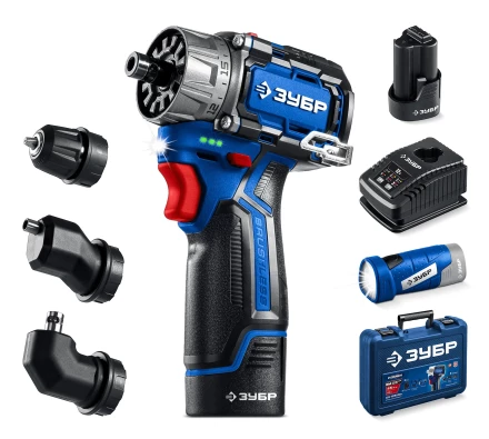 ЗУБР КОМБИ #4, набор: модульная дрель-шуруповерт + LED фонарь, BRUSHLESS, 12 В, 45 Н·м, 2 АКБ тип Т7 (2 А·ч), кейс, Профессионал (DB-125-22F) купить в Кургане