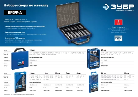 ЗУБР ПРОФ-А, 99 шт, (1-10 мм), сталь Р6М5, класс А, мет.бокс, набор сверл по металлу, Профессионал (29625-H99) купить в Кургане