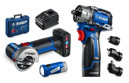 ЗУБР КОМБИ #5 набор: дрель-шуруповерт + мини УШМ + LED фонарь, BRUSHLESS, 12 В, 45 Н·м, 2 АКБ тип Т7 (4 и 2 А·ч), кейс, Профессионал (DB-125-42ABF) купить в Кургане