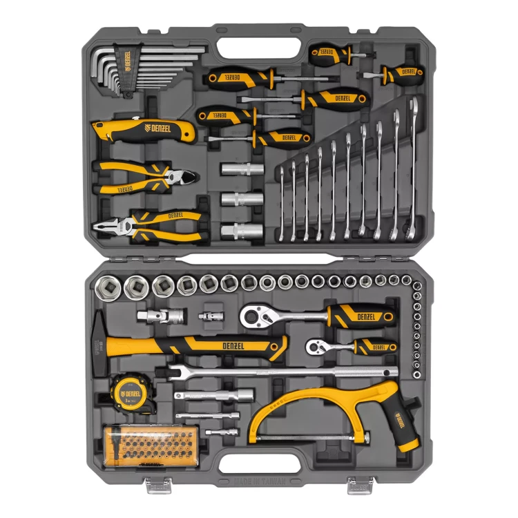 Набор инструментов Denzel 15803, 1/2", 1/4", CrV, S2, пластиковый кейс, 100 предметов купить в Кургане