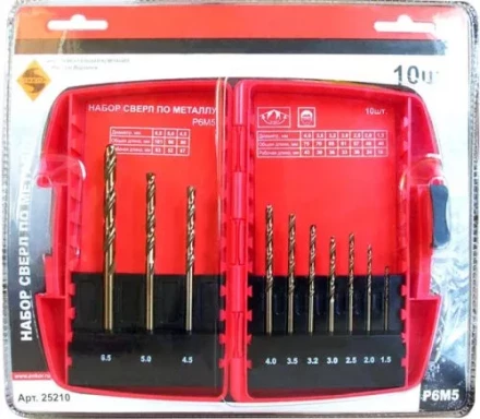 Набор сверл д/мет.Р6М5  10шт.(1-10мм) 6/6/36 25210 купить в Кургане