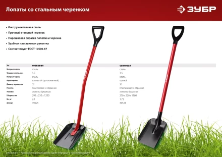 ЗУБР МАСТЕР, 270 х 220 х 1180 мм, полотно 1.5 мм, стальной прямой черенок с рукояткой, тип ЛСП, совковая лопата (39524) купить в Кургане