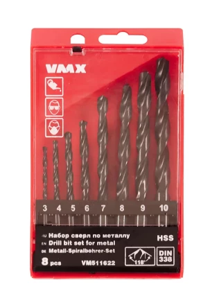 Набор сверл для металла HSS Ф3-10 мм 8 штук пластиковый футляр VMX 511622 купить в Кургане