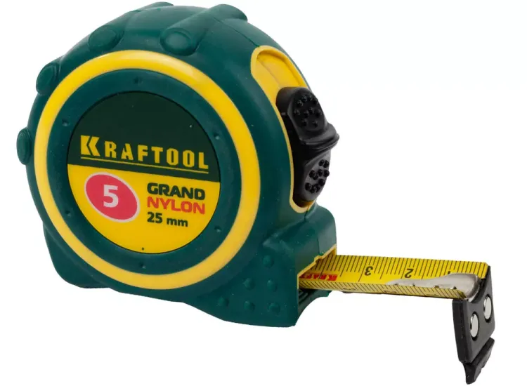 Рулетка KRAFTOOL "GRAND", двухкомпонентный корпус, двусторонняя шкала, нейлоновое покрытие, 5мх25мм 3412-05_z01 купить в Кургане