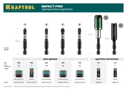 Биты для ударных шуруповертов KRAFTOOL Impact Pro PH 26191-2-50-S2 купить в Кургане