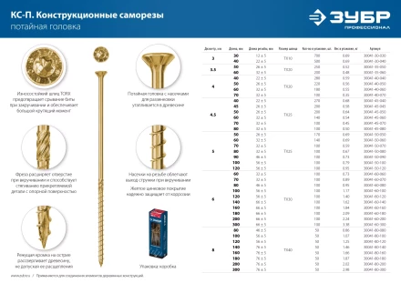 ЗУБР КС-П, 60 х 3.5 мм, TX20, потайная головка, желтый цинк, 200 шт, конструкционный саморез, Профессионал (30041-35-060) купить в Кургане