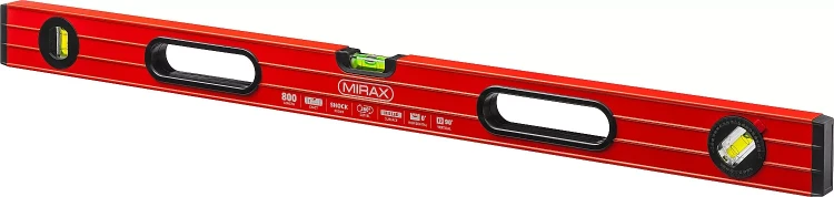 Уровень коробчатый усиленный MIRAX, фрезерованная поверхность, утолщенный профиль, 3 противоударных ампулы (1 поворотная на 360 град), с ручками, 80 см 34603-080 купить в Кургане