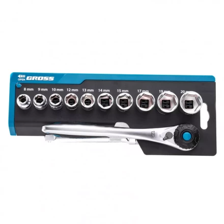 Набор торцевых головок трещотка 120 зубьев 12 предметов 3/8&quot; CrV Gross 14139 купить в Кургане